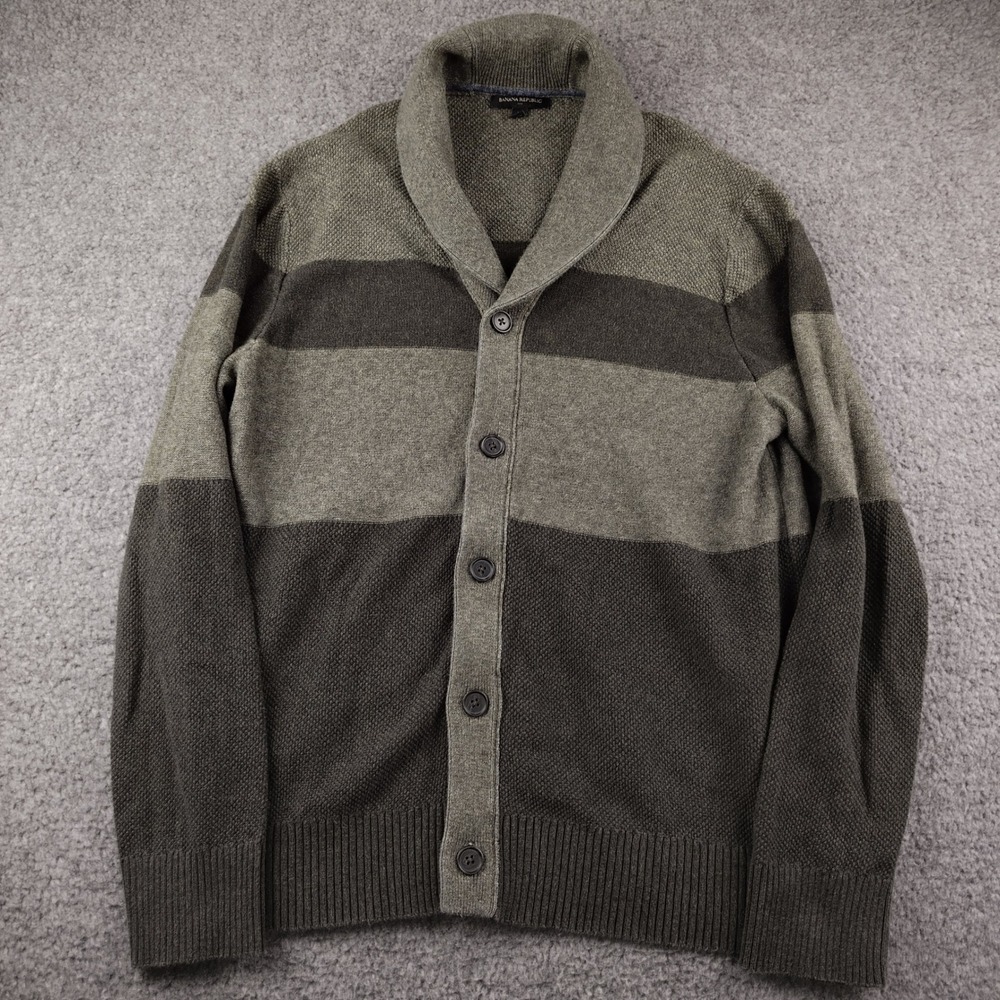 Banana Republic Cardigan Mens Large Shawl Collar Striped Green Grey EUC